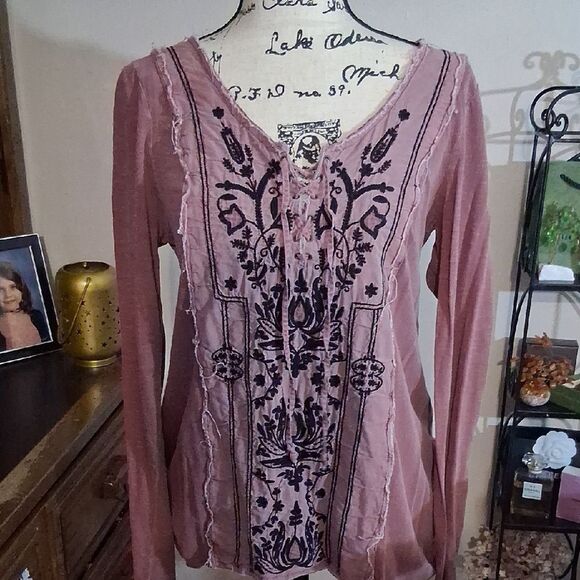Free People Vintage Embroidered Purple Boho Long Sleeve Top M - Picture 2 of 7